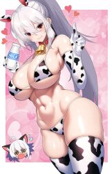 Rule 34 | 1girl, animal print, bikini, breasts, bursting breasts, character request, cleavage, cow print, curvy, heart, highres, large breasts, legs, long hair, looking at viewer, navel, ponytail, red eyes, smile, swimsuit, thick thighs, thighs, toned, white hair