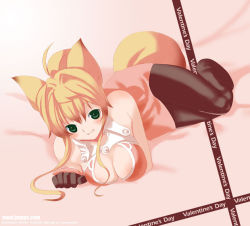 Rule 34 | 1girl, animal ears, bare shoulders, blonde hair, breasts, cleavage, fox ears, fox tail, gloves, green eyes, large breasts, lying, no shoes, on side, pantyhose, sleeveless, solo, tail, valentine