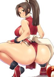 Rule 34 | 1girl, ass, ass focus, back, bare shoulders, blush, breasts, brown eyes, brown hair, butt crack, closed mouth, dress, fatal fury, female focus, from behind, high ponytail, highleg, highres, huge ass, large breasts, licking lips, long hair, looking at viewer, looking back, matching hair/eyes, minakami (flyingman555), naughty face, ninja, pelvic curtain, ponytail, red dress, revealing clothes, sash, shiranui mai, sideboob, simple background, smile, snk, solo, squatting, the king of fighters, thick thighs, thighs, tongue, tongue out, white background, wide hips