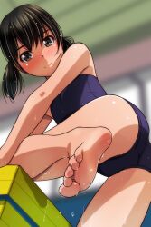 Rule 34 | 1girl, absurdres, barefoot, black hair, blue one-piece swimsuit, blurry, blurry background, blush, brown eyes, climbing, commentary request, from below, highres, indoors, leg up, looking at viewer, low twintails, matsunaga kouyou, one-piece swimsuit, original, paid reward available, school swimsuit, short hair, smile, soles, solo, swimsuit, toes, twintails, wet, wet hair, window