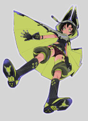 Rule 34 | 1girl, absurdres, animal ears, animal hood, arm at side, belt, black gloves, black hair, black socks, brown shorts, cape, clenched hand, closed mouth, clothing cutout, copyright request, detached pants, fake animal ears, flat chest, from below, frown, full body, gloves, green belt, green eyes, green pants, grey background, highres, hood, kaneni, kneehighs, looking at viewer, looking down, outline, pants, purple outline, shoe soles, shoes, short hair, shorts, side cutout, simple background, socks, solo