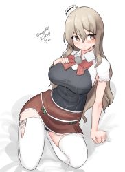 Rule 34 | 1girl, absurdres, black panties, bodice, breasts, brown eyes, facing viewer, grey hair, hat, highres, kantai collection, kneeling, large breasts, maru (marg0613), mini hat, miniskirt, one-hour drawing challenge, panties, pola (kancolle), red skirt, shirt, sideways glance, simple background, skirt, solo, thighhighs, tilted headwear, underwear, wavy hair, white background, white shirt, white thighhighs