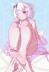 Rule 34 | 1girl, absurdres, animal ears, barefoot, blush, butterfly hair ornament, cat ears, cat girl, feet, foot focus, hair ornament, highres, looking at viewer, medium hair, one eye closed, open mouth, original, pov, red eyes, soles, toes, white hair, yao (pixiv9482697)
