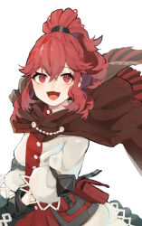 Rule 34 | 1girl, :d, anna (fire emblem), anna (fire emblem engage), capelet, dress, fire emblem, fire emblem engage, gloves, high ponytail, highres, long hair, long sleeves, looking at viewer, nintendo, open mouth, ponytail, red eyes, red hair, smile, solo, white background, yachimata 1205