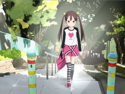 Rule 34 | 1girl, blush, brown eyes, brown hair, character request, day, facing viewer, female focus, full body, hair ornament, hairclip, kaeri no kai, light rays, long hair, looking at viewer, miniskirt, nature, outdoors, raglan sleeves, railing, shoes, skirt, sneakers, solo, stairs, stairway, stanchion, striped clothes, striped thighhighs, sunbeam, sunlight, thighhighs, tree, twintails, zettai ryouiki