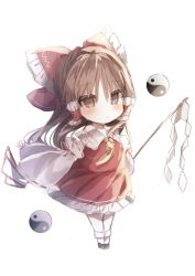 Rule 34 | 1girl, ascot, bloom, blush, bow, brown eyes, brown hair, chibi, detached sleeves, frills, full body, gohei, hair bow, hair tubes, hakurei reimu, highres, holding, long hair, looking at viewer, red bow, red skirt, ribbon-trimmed sleeves, ribbon trim, shiba 0007, shoes, simple background, skirt, skirt set, solo, standing, touhou, white background, white legwear, wide sleeves