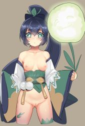 Rule 34 | 1girl, :o, aqua eyes, black hair, blush, bow, breasts, dandelion, detached sleeves, flower, hair bow, highres, leaf, long hair, long sleeves, looking at viewer, medium breasts, nipples, obi, onmyoji, plant, pom pom (clothes), pussy, sash, single thighhigh, solo, sr (soulo o), thighhighs, uncensored, unfinished, vines, wide sleeves, ying grass