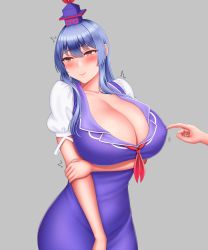 Rule 34 | 1boy, 1girl, :&gt;, absurdres, arm under breasts, blue dress, blue hair, blue headwear, blush, breasts, brown eyes, cleavage, closed mouth, collarbone, commentary request, cowboy shot, dress, hat, highres, holding own arm, huge breasts, kamishirasawa keine, long hair, looking away, mimasi osuwari, pinafore dress, puffy short sleeves, puffy sleeves, raised eyebrows, short sleeves, sidelocks, sleeveless dress, solo focus, tearing up, touhou