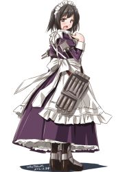 Rule 34 | 10s, 1girl, adapted costume, alternate costume, back, black hair, blush, brown eyes, cannon, dress, enmaided, haguro (kancolle), kantai collection, looking back, maid, maid headdress, open mouth, purple dress, short hair, solo, tatsumi ray, torpedo, turret