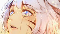 Rule 34 | 1girl, blue eyes, crying, face, facial mark, final fantasy, final fantasy xiv, glowing, grey hair, highres, maya g, miqo&#039;te, open mouth, signature, slit pupils, solo, sparkle, teeth, tongue, upper teeth only, whisker markings, y&#039;shtola rhul