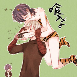 Rule 34 | 2girls, ^^^, animal print, arm grab, bad id, bad pixiv id, bare shoulders, black shirt, blush stickers, breasts, brown jacket, cleavage, collarbone, collared shirt, commentary request, cosplay, green background, grey hair, hair over one eye, hands up, highres, jacket, kaneki ken, kirishima touka, looking at another, looking down, lum, lum (cosplay), medium breasts, multiple girls, open clothes, open jacket, outline, shirt, short hair, short ponytail, simple background, sweat, tiger print, tokyo ghoul, tokyo ghoul:re, toukaairab, translation request, urusei yatsura, white outline