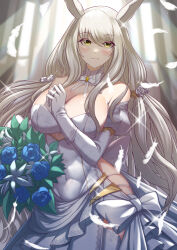 Rule 34 | 1girl, absurdres, alternate costume, animal ears, armpit crease, artist name, bare shoulders, biwa hayahide (umamusume), blush, bouquet, breasts, bride, closed mouth, commentary, commentary request, dress, ears down, falling feathers, feathers, flower, glasses, grey hair, hair between eyes, highres, holding, holding bouquet, horse ears, horse girl, jewelry, large breasts, long hair, looking at viewer, necklace, pov, same kujira (challenger 310), sleeveless, sleeveless dress, solo, tiara, umamusume, veil, veil lift, very long hair, wedding dress, white dress, yellow eyes