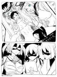 Rule 34 | 10s, 1boy, 5girls, :d, abyssal ship, bandages, breasts, cheating (relationship), cleavage, collarbone, comic, deco (geigeki honey), expressionless, glasses, greyscale, ise (kancolle), kaga (kancolle), kantai collection, large breasts, looking at viewer, monochrome, multiple girls, musashi (kancolle), netorare, open mouth, sarashi, shaded face, smile, spot color, ta-class battleship, translated, upper body, v, wo-class aircraft carrier
