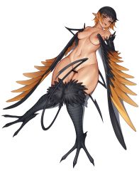Rule 34 | 1girl, bar censor, bird legs, black feathers, black wings, breasts, censored, cinko, cleft of venus, commentary, commission, feathered wings, feathers, grey eyes, harpy, highres, knees together feet apart, lying, monster girl, navel, nipples, nude, on back, orange feathers, orange wings, original, pointy ears, pussy, short hair, sidelocks, simple background, small breasts, solo, tail, talons, tongue, tongue out, two-tone wings, white background, winged arms, wings