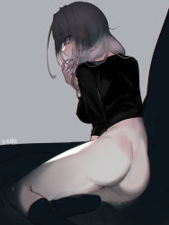 Rule 34 | 1girl, artist name, ass, black socks, black shirt, blue eyes, bottomless, closed mouth, grey background, grey hair, highres, kneehighs, long hair, looking at viewer, looking back, muted color, original, profile, realmbw, shirt, signature, simple background, sitting, sleeves past elbows, socks, solo, yokozuwari