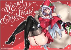 Rule 34 | ass, bare shoulders, black gloves, black thighhighs, boots, breasts, choker, christmas ornaments, christmas present, detached sleeves, fate/grand order, fate/grand order arcade, fate (series), gift, gloves, gorgenzolla, hair between eyes, high heel boots, high heels, highres, hood, long hair, merlin (fate/prototype), merlin (fate/prototype) (first ascension), messy hair, mistletoe, purple eyes, red background, sack, silver hair, skirt, snowflakes, thigh boots, thighhighs, thighhighs under boots, thighs, twitter username
