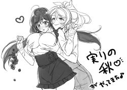 Rule 34 | 2girls, ahoge, ayase eli, bad id, bad pixiv id, blush, bow, grabbing another&#039;s breast, breasts, clenched hands, food, frilled skirt, frills, fruit, grabbing, grabbing from behind, grapes, greyscale, groping, hair bow, hands up, heart, high-waist skirt, large breasts, long hair, long sleeves, love live!, love live! school idol project, meme attire, monochrome, multiple girls, ponytail, role reversal, skirt, smile, tojo nozomi, twintails, virgin killer outfit, yuri, zawawa (satoukibi1108)