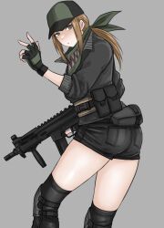 Rule 34 | 1girl, ammunition pouch, ass, bandana, bandana around neck, baseball cap, black gloves, black jacket, black shorts, black thighhighs, blush, brown hair, canteen, closed mouth, collared jacket, dot nose, expressionless, feet out of frame, fingerless gloves, from behind, fuku (fuku12290574), gloves, green bandana, green hat, grey background, grey eyes, gun, hat, highres, holding, holding gun, holding weapon, jacket, knee pads, legs apart, long sleeves, looking at viewer, looking back, low ponytail, original, pouch, short shorts, shorts, simple background, solo, submachine gun, tactical clothes, thick thighs, thighhighs, thighs, v, weapon