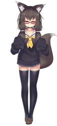 Rule 34 | 1girl, animal ear fluff, animal ears, black hair, black thighhighs, blush, cardigan, choker, closed mouth, closed eyes, fox ears, fox tail, full body, highres, kutan, loafers, long hair, looking at viewer, original, pleated skirt, school uniform, semi-rimless eyewear, serafuku, shoes, simple background, skirt, sleeves past wrists, solo, standing, tail, thighhighs, white background