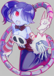 Rule 34 | 1girl, akai kagerou, bare shoulders, blue hair, blue skin, breasts, cleavage, colored skin, detached collar, detached sleeves, artistic error, hair over one eye, leviathan (skullgirls), long hair, long skirt, monster girl, open mouth, red eyes, side ponytail, skirt, skull, skullgirls, solo, squigly (skullgirls), stitched mouth, stitches, striped, striped sleeves, yellow eyes, zombie
