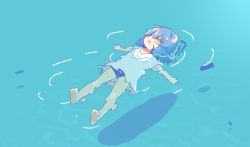 Rule 34 | 1girl, :o, afloat, animal, aoi tori, bare legs, barefoot, blue hair, blue one-piece swimsuit, blush stickers, child, closed eyes, commentary request, feet, fish, full body, hair between eyes, highres, medium hair, ocean, one-piece swimsuit, open mouth, original, outstretched arms, partially submerged, shirt, short sleeves, soles, solo, spread arms, swimsuit, swimsuit under clothes, teru-chan (aoi tori), toes, water, white shirt