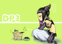 Rule 34 | ..., 1girl, animalization, baggy pants, bare shoulders, bell, neck bell, black hair, breasts, capcom, cat, head rest, collar, cosplay, detached sleeves, drill hair, elbow gloves, gloves, halterneck, halterneck, han juri, indian style, kimchi, medium breasts, pants, riry, sideboob, sitting, street fighter, street fighter iv (series), translated, twin drills, twintails, yang lee, yun lee
