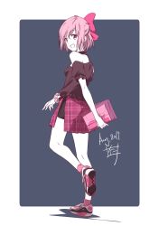 Rule 34 | 1girl, 2019, :d, bag, black shirt, bow, dated, full body, grey background, hair between eyes, hair bow, highres, holding, holding bag, leg up, looking at viewer, miniskirt, nii manabu, off shoulder, open mouth, original, pink bag, pink bow, pink eyes, pink footwear, pink hair, pink scrunchie, plaid, plaid skirt, pleated skirt, scrunchie, shirt, short hair, short sleeves, side slit, skirt, smile, socks, solo, two-tone background, walking, white background, wrist scrunchie