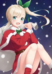 Rule 34 | 1girl, :d, alternate costume, bow, bowtie, carrying over shoulder, chateau de chinon (oshiro project), christmas, green bow, green bowtie, midoriyama soma, open mouth, oshiro project:re, oshiro project:re, santa costume, sky, smile, snow, snowing, solo, star (sky), starry sky