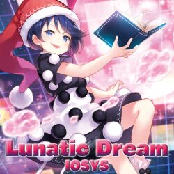 Rule 34 | 1girl, album cover, black dress, black sleeves, blue eyes, blue hair, book, circle name, cover, doremy sweet, dream world (touhou), dress, english text, eyelashes, feet out of frame, fur-trimmed headwear, fur trim, game cg, grid background, hat, holding, holding book, iosys, kito (sorahate), looking at viewer, nightcap, official art, open book, open mouth, pom pom (clothes), red hat, short dress, short hair, short sleeves, smile, solo, sparkle, tail, teeth, touhou, touhou cannonball, two-tone dress, upper teeth only, very short hair, white dress, wide sleeves