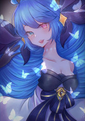 Rule 34 | 1girl, blue hair, bug, butterfly, dress, drill hair, gloves, gwen (league of legends), highres, insect, league of legends, lipstick, long hair, makeup, multicolored eyes, ribbon