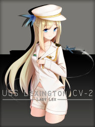Rule 34 | 1girl, absurdly long hair, aircraft, airplane, arnold-s, bad id, bad pixiv id, blonde hair, blue eyes, breasts, character name, cleavage, collarbone, hat, highres, lexington (warship girls r), long hair, looking at viewer, medium breasts, shorts, smile, solo, standing, very long hair, warship girls r, white hat
