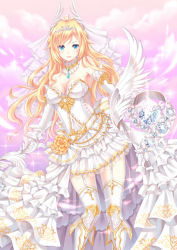 Rule 34 | 1girl, astraea (aura kingdom), aura kingdom, bare shoulders, blonde hair, blue eyes, blush, boots, breasts, bride, cloud, cloudy sky, commentary, dress, elbow gloves, english commentary, flower, garter straps, gem, glint, gloves, head wings, knee boots, long hair, looking at viewer, medium breasts, outdoors, parted lips, pleated dress, rose, sky, solo, sparkle, strapless, strapless dress, thighhighs, v-shaped eyebrows, very long hair, villyane, wedding dress, white dress, white footwear, white gloves, white thighhighs, white wings, wings, yellow flower, yellow rose