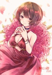 Rule 34 | 1girl, alternate costume, bare shoulders, black choker, bracelet, breasts, brown eyes, brown hair, choker, cleavage, clothing cutout, cutout above navel, dress, floral background, flower, hands up, harusamesyota, jewelry, large breasts, light smile, medium breasts, meiko (vocaloid), nail polish, own hands together, petals, red dress, red flower, red rose, rose, short hair, sleeveless, sleeveless dress, solo, vocaloid