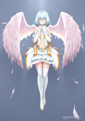 Rule 34 | 1girl, absurdres, bare shoulders, bow, bowtie, center opening, closed eyes, commentary request, date a live, dress, elbow gloves, facing viewer, feathered wings, feathers, full body, gloves, hair between eyes, highres, interlocked fingers, layered dress, navel, origamiknight, pleated dress, see-through, short hair, signature, silver hair, sleeveless, sleeveless dress, smile, solo, thighhighs, tobiichi origami, white bow, white bowtie, white dress, white gloves, white thighhighs, white wings, wings