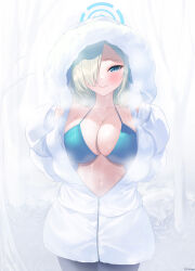 Rule 34 | 1girl, absurdres, artist name, asuna (blue archive), bikini, black pants, blonde hair, blue archive, blue bikini, blue eyes, breasts, closed mouth, collarbone, elsynien, eyelashes, fur-trimmed hoodie, fur trim, hair over one eye, halo, highres, hood, hoodie, large breasts, long hair, mole, mole on breast, navel, pants, partially unzipped, smile, solo, sweat, swimsuit, white hoodie