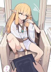 Rule 34 | 1girl, absurdres, anklet, barefoot, blonde hair, book, book stack, bracelet, brooch, collarbone, commentary request, earrings, elf, hair tubes, hanten (hantennano), highres, jewelry, knee up, long hair, musical note, orange eyes, pointy ears, pov, pov hands, robe, serie (sousou no frieren), shorts, sidelocks, sitting, solo focus, sousou no frieren, speech bubble, spoken musical note, spoken squiggle, squiggle, throne, very long hair, white robe, white shorts, wide sleeves