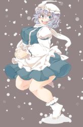 Rule 34 | 1girl, apron, aqua eyes, breasts, female focus, hat, highres, iroyopon, jumping, large breasts, legs, letty whiterock, open mouth, plump, purple hair, simple background, skirt, snow, solo, thick thighs, thighs, touhou