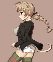 Rule 34 | 1girl, animal ears, ass, blue eyes, braid, brown hair, cat ears, cat tail, long hair, lynette bishop, military, military uniform, multicolored clothes, multicolored legwear, panties, poco (arc the lad), poco (camper), single braid, solo, strike witches, striped clothes, striped thighhighs, tail, thighhighs, underwear, uniform, world witches series