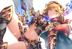 Rule 34 | 1girl, armor, armored boots, black gloves, blonde hair, boots, breasts, cape, conqueror of the eternals, crop top, djeeta (granblue fantasy), djeeta (granblue fantasy) (conqueror of the eternals), earrings, gauntlets, gloves, gold trim, granblue fantasy, groin, hair ornament, hairband, holding, holding sword, holding weapon, jewelry, kamuinii, knee up, large breasts, looking at viewer, midriff, navel, red shorts, short hair, short shorts, shorts, sidelocks, sleeveless, smile, solo, stomach, sword, thighs, weapon, white background, yellow eyes
