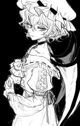Rule 34 | 1girl, ascot, bat wings, collar, collared shirt, expressionless, frilled shirt collar, frilled sleeves, frills, from side, greyscale, hair between eyes, hat, highres, long sleeves, looking at viewer, looking to the side, mob cap, monochrome, own hands together, parted lips, remilia scarlet, ribbon, ribbon trim, shirt, short hair, skirt, skirt set, solo, touhou, tsurime, upper body, wings, yuggug