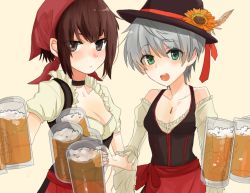 Rule 34 | 10s, 2girls, :d, alcohol, aqua eyes, bandana, bare shoulders, beer, beer mug, black hat, blush, breasts, brown hair, choker, cleavage, collarbone, cup, detached sleeves, dirndl, dress, flower, frown, german clothes, green eyes, grey eyes, grey hair, hair between eyes, hat, hat flower, holding, kantai collection, long sleeves, mug, multiple girls, oktoberfest, open mouth, puffy short sleeves, puffy sleeves, short hair, short sleeves, small breasts, smile, sunko, traditional clothes, yellow background, z1 leberecht maass (kancolle), z3 max schultz (kancolle)
