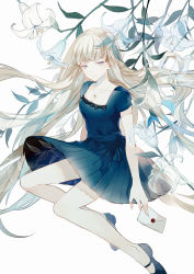 Rule 34 | 1girl, blonde hair, blue dress, blue eyes, blunt bangs, bow, breasts, cleavage, dhiea, dress, dress bow, easter lily, flower, full body, half-closed eyes, jewelry, letter, light smile, lily (flower), long hair, love letter, mary janes, medium breasts, necklace, original, pleated skirt, shoes, short sleeves, simple background, skirt, smile, solo, very long hair, wax seal, white background, white flower
