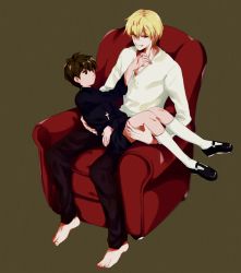 Rule 34 | 2boys, bad id, bad pixiv id, barefoot, blonde hair, blood, brown eyes, brown hair, chair, child, couch, epwlzhsy, fate/zero, fate (series), gilgamesh (fate), kotomine kirei, male focus, multiple boys, red eyes, red upholstery, shorts, time paradox, aged down