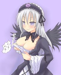 Rule 34 | 00s, 1girl, blush, breasts squeezed together, breasts, frills, gothic lolita, highres, lee (monsterheart), lolita fashion, rozen maiden, silver hair, solo, suigintou, sweat, trembling, wink