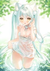 Rule 34 | 1girl, animal ears, aqua choker, aqua hair, aqua ribbon, bare shoulders, blurry, blurry background, blush, breasts, breasts apart, brown eyes, cat ears, cat girl, cat tail, chemise, choker, clothes lift, collarbone, commentary request, day, dress, dress lift, hand in own hair, hand up, long hair, looking at viewer, norn (norncoco), open mouth, original, outdoors, panties, ribbon, ribbon choker, see-through, side-tie panties, sidelocks, small breasts, solo, standing, strap slip, tail, tree, twintails, underwear, very long hair, wading, water drop, wet, wet clothes, white chemise