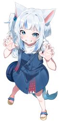 Rule 34 | 1girl, absurdres, animal ears, blue eyes, blue hair, blue nails, blush, cat ears, cube hair ornament, fingernails, fins, fish tail, full body, gawr gura, gawr gura (casual), hair ornament, highres, hololive, hololive english, looking at viewer, multicolored hair, nail polish, sandals, shark tail, sharp teeth, simple background, smile, solo, standing, tail, teeth, toenail polish, toenails, toes, tosyeo, two-tone hair, virtual youtuber, white background, white hair