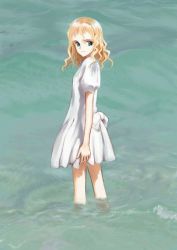 Rule 34 | 00s, 1girl, blonde hair, blue eyes, child, closed mouth, cowboy shot, curly hair, dress, kita e, kitano suomi, looking back, mocha, ooyari ashito, pinup (style), red entertainment, skirt, solo, wading, water, white skirt