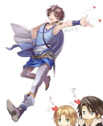 Rule 34 | 3boys, arm up, armor, bartz klauser, bead necklace, beads, belt, blonde hair, blue cape, blue eyes, blue skirt, blue tank top, boots, bridal gauntlets, brown hair, cape, chibi, chibi inset, circlet, dagger, dissidia final fantasy, expressionless, final fantasy, final fantasy ix, final fantasy v, final fantasy viii, full body, fur-trimmed jacket, fur trim, gem, green eyes, hand on own hip, happy, heart, jacket, jewelry, jitome, knife, leggings, looking at viewer, low ponytail, male focus, multiple boys, necklace, one eye closed, open mouth, outstretched arm, pendant, red gemstone, running, sasanomesi, scar, scar on face, short hair, short hair with long locks, shoulder armor, simple background, skirt, smile, spoken heart, squall leonhart, tank top, teeth, translation request, twitter username, upper teeth only, weapon, white background, white leggings, zidane tribal