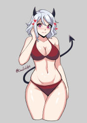Rule 34 | 1girl, bikini, black horns, blush, breasts, cawfield, cleavage, commentary, cropped legs, demon, demon girl, demon tail, english commentary, grey background, heart, heart-shaped pupils, helltaker, horns, large breasts, looking at viewer, modeus (helltaker), red eyes, signature, simple background, smile, swimsuit, symbol-shaped pupils, tail, white hair
