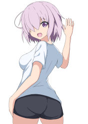 Rule 34 | 1girl, :d, alternate costume, arm up, ass, bad id, bad pixiv id, black shorts, breasts, commentary request, cowboy shot, fate/grand order, fate (series), from side, hair over one eye, hand on own hip, leaning forward, looking at viewer, looking back, mash kyrielight, medium breasts, open mouth, pink hair, purple eyes, ryuunonon, shirt, short hair, short shorts, short sleeves, shorts, simple background, smile, solo, white background, white shirt